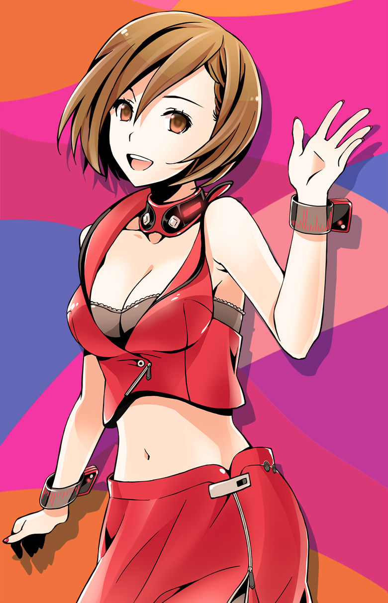 1girl :d bra bracelet breasts brown_eyes brown_hair choker cleavage collarbone cowboy_shot crop_top female_focus grey_bra hair_between_eyes highres jewelry kirita_asami medium_breasts meiko_(vocaloid) meiko_(vocaloid3) midriff miniskirt nail_polish navel open_mouth red_nails red_skirt short_hair skirt smile solo standing stomach underwear vocaloid