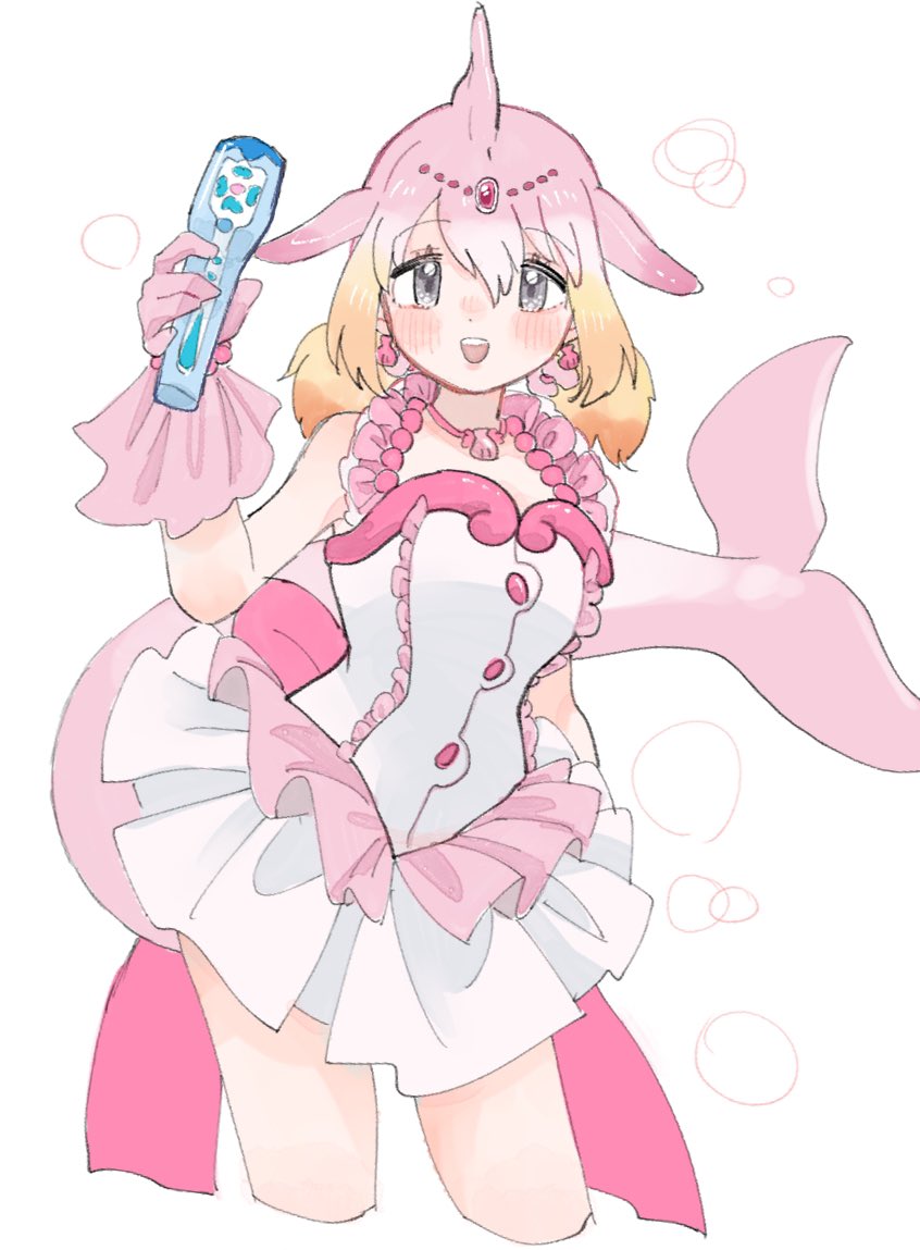 1girl blowhole blush cetacean_tail chinese_white_dolphin_(kemono_friends) cosplay cowboy_shot dolphin_girl dorsiflexion dress earrings fins fish_tail frilled_dress frilled_gloves frills gloves grey_eyes hair_between_eyes head_chain head_fins jewelry kemono_friends looking_at_viewer mermaid_melody_pichi_pichi_pitch microphone multicolored_hair nanami_lucia nanami_lucia_(cosplay) nanami_lucia_(idol) necklace open_mouth orange_hair pink_dress pink_gloves pink_hair shell shell_earrings shell_necklace shimazoenohibi short_twintails sidelocks smile solo tail twintails white_dress white_hair