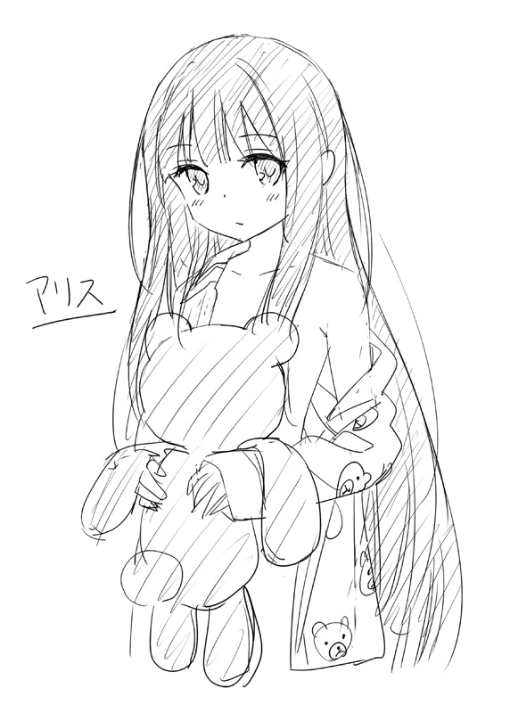 1girl blush character_name female_focus greyscale kami-sama_no_memo-chou kani_biimu long_hair looking_at_viewer monochrome shionji_yuuko simple_background sketch solo stuffed_animal stuffed_toy teddy_bear translated very_long_hair white_background