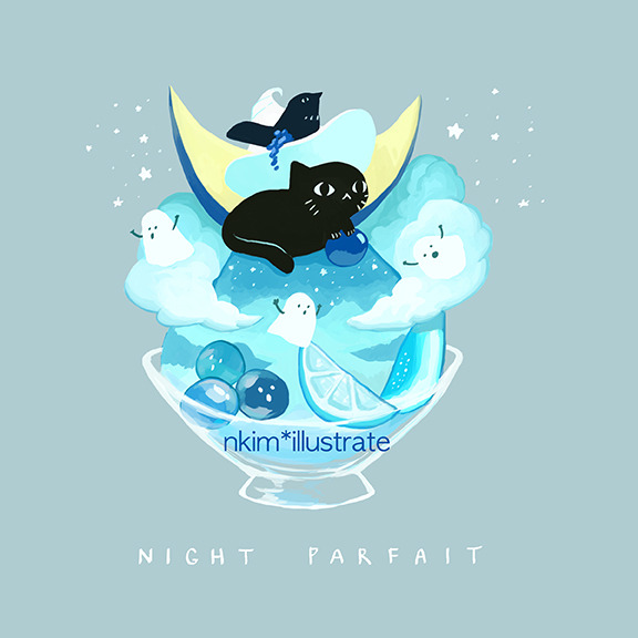 1other artist_name berry cat cloud commentary crescent english_commentary facial_mark food fruit ghost grapes hat minimized nadia_kim no_humans orange_(fruit) orange_slice original parfait star_(symbol) sweets whisker_markings witch_hat