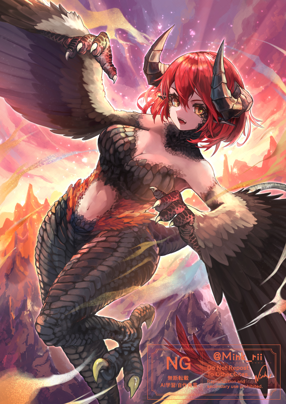 1girl animal_feet breasts brown_wings claws commentary_request dragon_girl dragon_horns dragon_tail feathered_wings flying foot_out_of_frame highres horns looking_at_viewer medium_breasts minksama mountain orange_eyes original outdoors partially_feathered_tail red_hair short_hair solo sunrise tail winged_arms wings