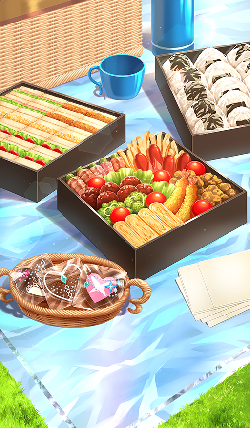 basket bento candy chocolate chocolate_heart chocolate_river_no_sono_saki_ni commentary_request cup fate/grand_order fate_(series) food food_focus food_request grass heart heart-shaped_food meatball no_humans official_art onigiri picnic_blanket sandwich shrimp shrimp_tempura still_life sweets tempura thermos third-party_source xxxxay