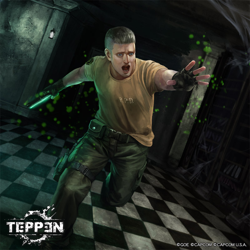 1boy blonde_hair book bookshelf capcom checkered_floor fingerless_gloves gloves gun hair_slicked_back handgun holster leg_holster official_art open_mouth osanai_yusuke panic pistol police police_uniform resident_evil richard_aiken running silk spider_web teeth teppen tile_floor tiles tongue weapon