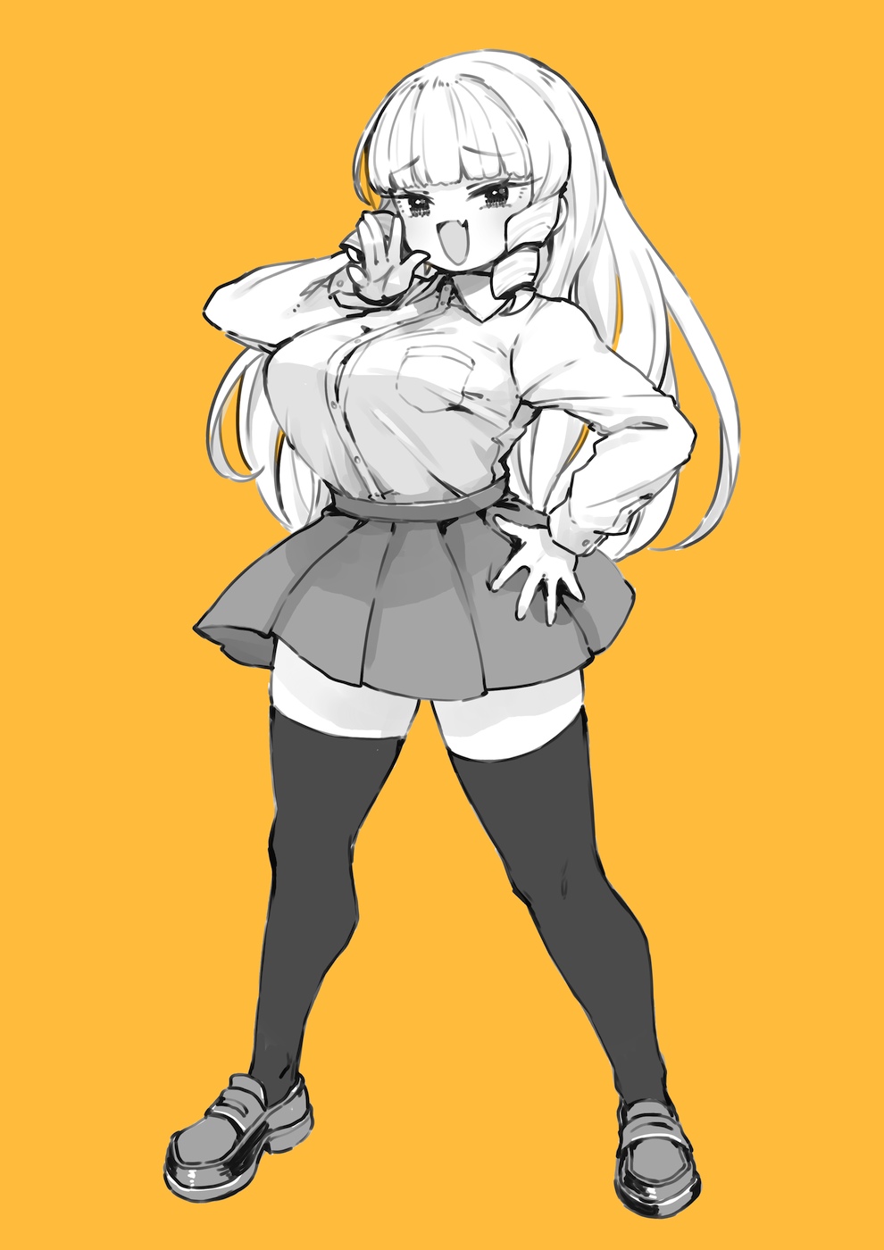 1girl breasts drill_hair fang highres kaneda_mochiko large_breasts mota mount_celeb_kaneda-san school_uniform smug solo thick_thighs thighs