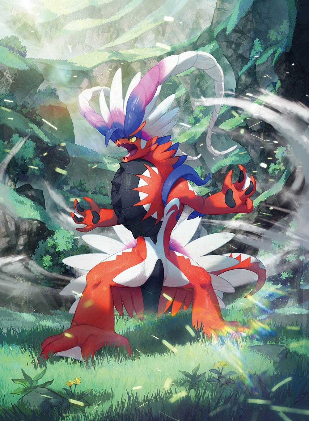 animal_focus claws colored_sclera flower full_body grass highres koraidon lens_flare murayama_ryota nature nintendo no_humans official_art official_style open_mouth orange_eyes outdoors pokemon pokemon_(creature) slit_pupils solo standing third-party_source tree yellow_flower yellow_sclera