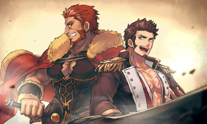 01rosso 2boys abs armor bara beard blue_eyes brown_hair cape epaulettes facial_hair fate/grand_order fate_(series) fighting_stance huge_weapon iskandar_(fate) leather long_sideburns long_sleeves looking_at_another male_focus multiple_boys muscular napoleon_bonaparte_(fate) open_clothes open_mouth pectoral_cleavage pectorals red_eyes red_hair scar sideburns simple_background smile smirk sword weapon