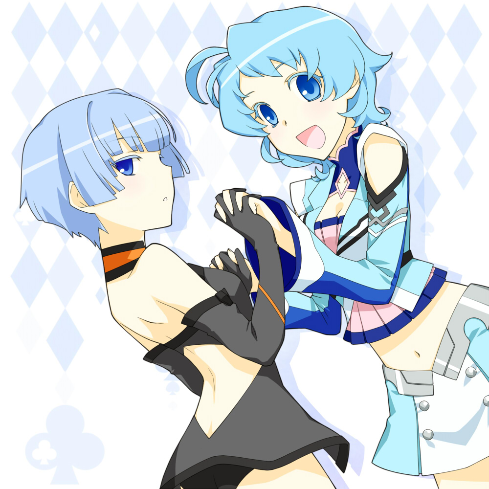 2girls ahoge al-3_alice another_century&#039;s_episode another_century&#039;s_episode:_r autumn_four banpresto blue_eyes blue_hair detached_sleeves gloves mayo-black midriff multiple_girls skirt super_robot_wars super_robot_wars_l