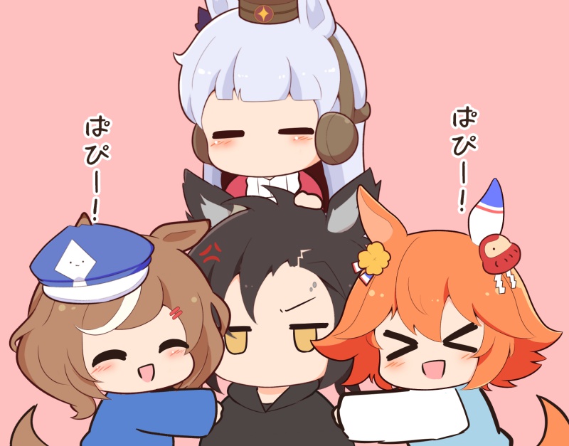 &gt;_&lt; 4girls :d ^_^ air_shakur_(umamusume) animal_ears black_hair black_hoodie blue_hat blue_shirt blush_stickers brown_eyes brown_hair brown_hat cabbie_hat chibi closed_eyes daruma_doll ear_covers ears_through_headwear eyebrow_piercing flower gomashio_(goma_feet) hair_flower hair_ornament hat hood hood_down hoodie horse_ears horse_girl horse_tail jacket jitome long_sleeves matikane_tannhauser_(umamusume) matikanefukukitaru_(umamusume) mini_hat multicolored_hair multiple_girls oguri_cap_(umamusume) open_clothes open_jacket open_mouth orange_hair piercing pink_background red_jacket shirt sleeves_past_wrists smile streaked_hair tail tilted_headwear translation_request umamusume v-shaped_eyebrows white_hair white_shirt xd yellow_flower