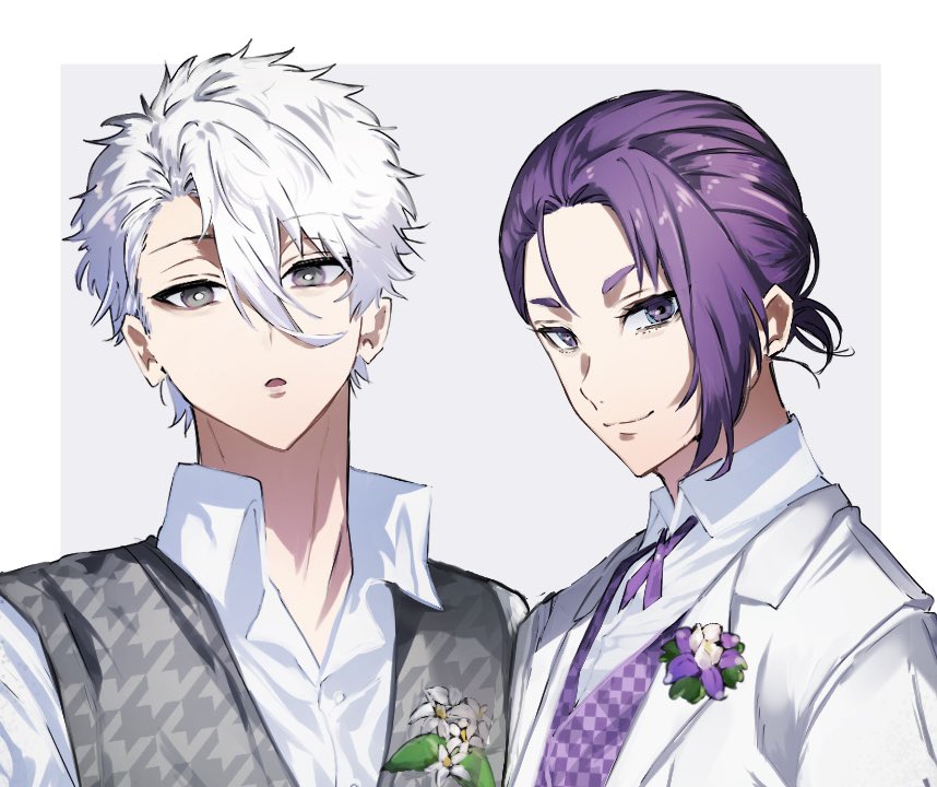 2boys black_eyes black_vest blue_lock closed_mouth collared_shirt flower formal_clothes jacket looking_at_viewer male_focus mikage_reo multiple_boys nagi_seishirou naka_(58hrprtr) open_mouth ponytail purple_hair shirt short_hair short_ponytail smile suit upper_body vest white_background white_hair white_jacket white_shirt white_suit