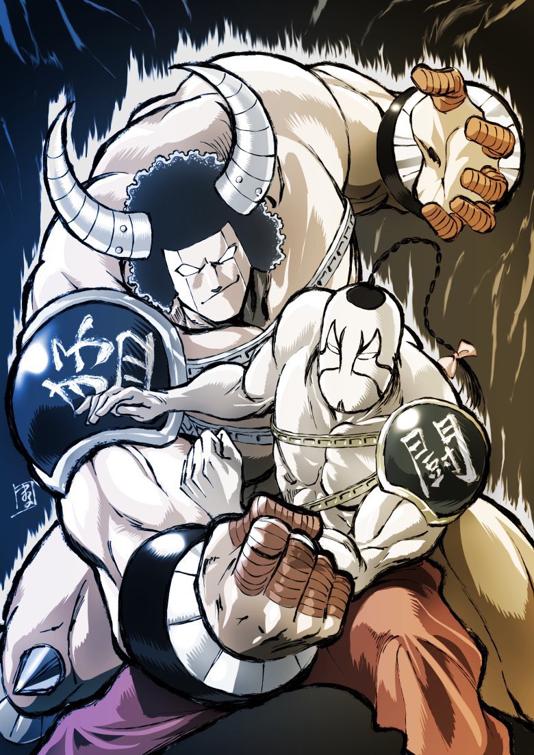 2boys abs braid braided_ponytail brown_hair buffaloman cup drunk facial_hair fu_manchu_(mustache) happy horns kinnikuman long_mustache looking_at_viewer marufuji_hirotaka mongolman multiple_boys muscular mustache ramenman smile tag_team teamwork wrestling wrestling_mask wrestling_outfit yellow_eyes
