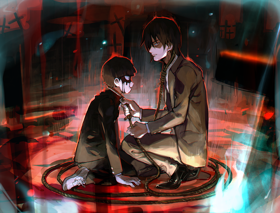 2boys aoki_(fumomo) black_eyes black_footwear black_hair black_jacket black_pants blazer blunt_bangs buttons character_request city closed_mouth collared_jacket collared_shirt commentary_request cross dress_pants dress_shoes expressionless face-to-face formal_clothes full_body gakuran grey_jacket grey_pants grey_suit high_collar holding holding_rope ink jacket kageyama_shigeo kneeling lapels layered_sleeves lips long_sleeves male_focus mob_psycho_100 multiple_boys noose notched_lapels open_clothes open_jacket open_mouth outline pants red_background red_outline ripples rope rope_around_neck ruins school_uniform shaded_face shirt shoes short_hair sitting_on_liquid sneakers squatting suit thick_eyebrows undershirt white_footwear white_shirt wide-eyed