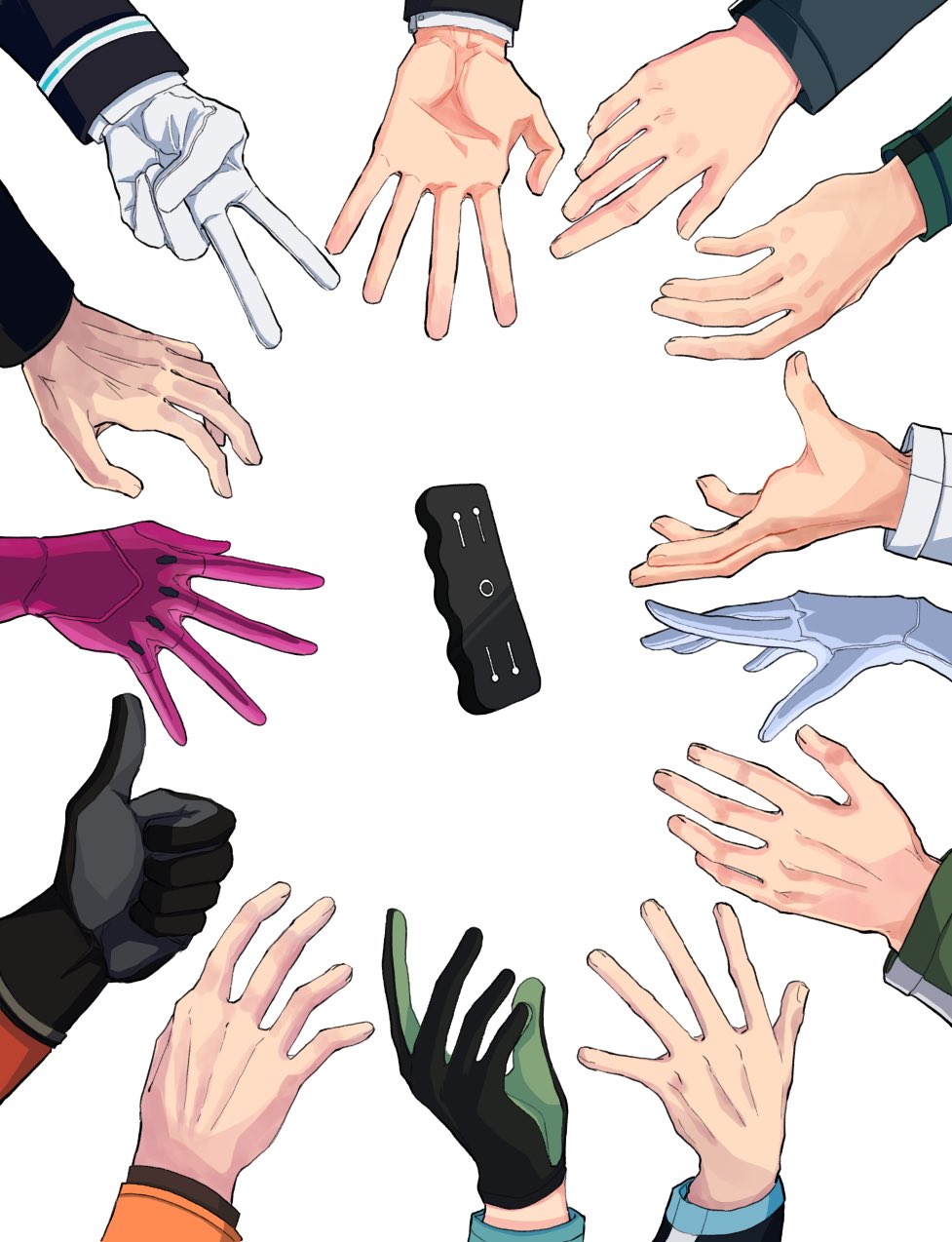 2girls 6+boys arafune_tetsuji azuma_haruaki black_gloves gloves green_gloves hand_focus highres ikoma_tatsuhito kageura_masato kakizaki_kuniharu katori_youko long_sleeves multiple_boys multiple_girls nasu_rei ninomiya_masataka ouji_kazuaki out_of_frame pink_gloves purple_gloves reaching simple_background suwa_koutarou thumbs_up two-tone_gloves uniform urushima_wataru v weapon white_background white_gloves world_trigger yamakawa_(h4sc4zukgqyw5ad) yuba_takuma