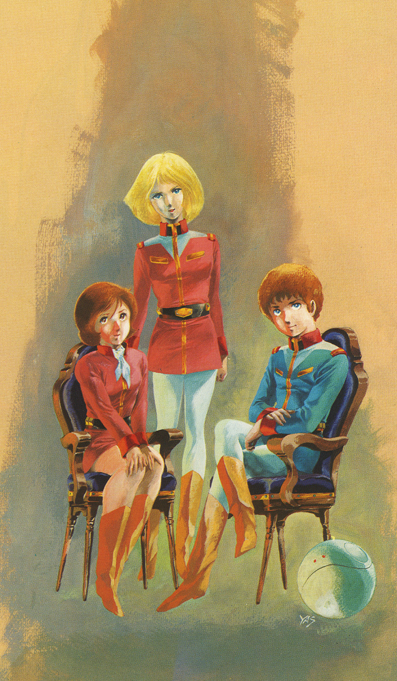 1970s_(style) 1980s_(style) 1boy 2girls amuro_ray blonde_hair boots brown_hair chair concept_art earth_federation fraw_bow gundam haro highres looking_at_viewer military military_uniform mobile_suit_gundam multiple_girls oldschool painting_(medium) production_art retro_artstyle robot sayla_mass scan scarf signature sitting traditional_media yasuhiko_yoshikazu