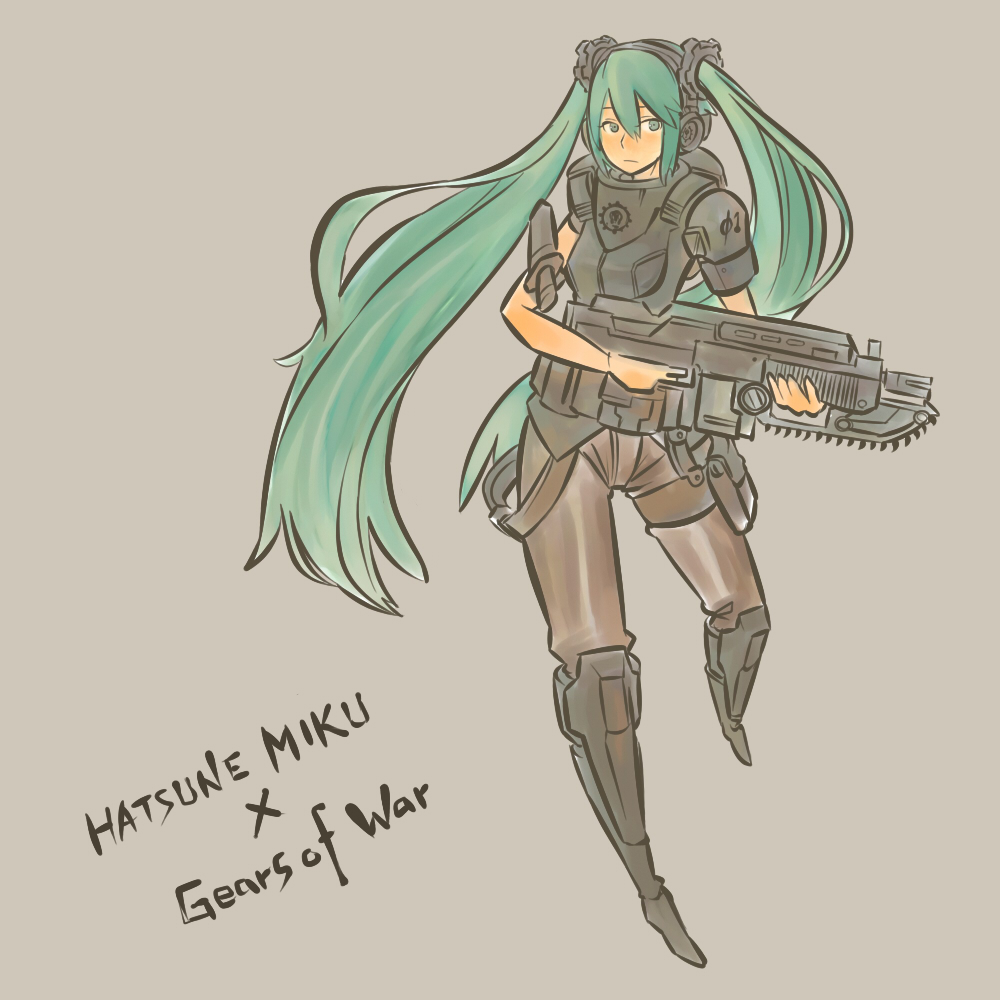 1girl armor bad_id bad_pixiv_id chainsaw cosplay female_focus gears_of_war green_eyes green_hair gun hako_live hatsune_miku lancer_(gears_of_war) long_hair matching_hair/eyes parody simple_background solo twintails very_long_hair vocaloid weapon