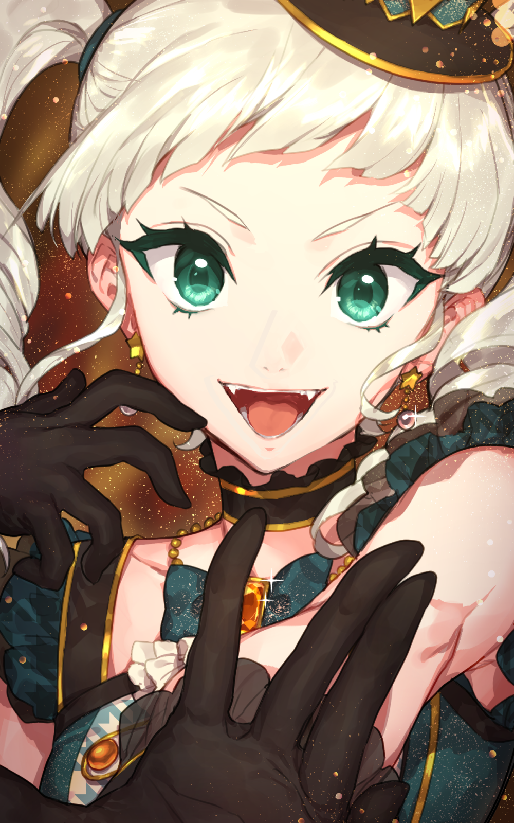 1girl aikatsu! aikatsu!_(series) armpit_crease black_choker black_gloves blonde_hair bow bowtie brooch choker dress drill_hair earrings fangs frilled_choker frills gloves gold_necklace green_bow green_bowtie green_dress green_eyes hair_ornament highres hitoto jewelry long_hair looking_at_viewer necklace open_mouth pearl_earrings pearl_necklace smile solo star_(symbol) star_earrings todo_yurika twin_drills twintails v-shaped_eyebrows yellow_background