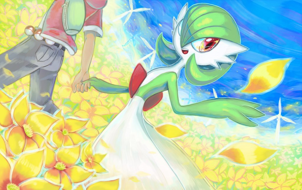 backpack bag blue_sky bob_cut dress falling_petals field flower flower_field gardevoir gen_3_pokemon green_hair grey_pants hair_over_one_eye holding_hands m516 nintendo open_mouth out_of_frame pants petals pink_eyes poke_ball pokemon pokemon_(creature) sky smile waist_poke_ball white_dress