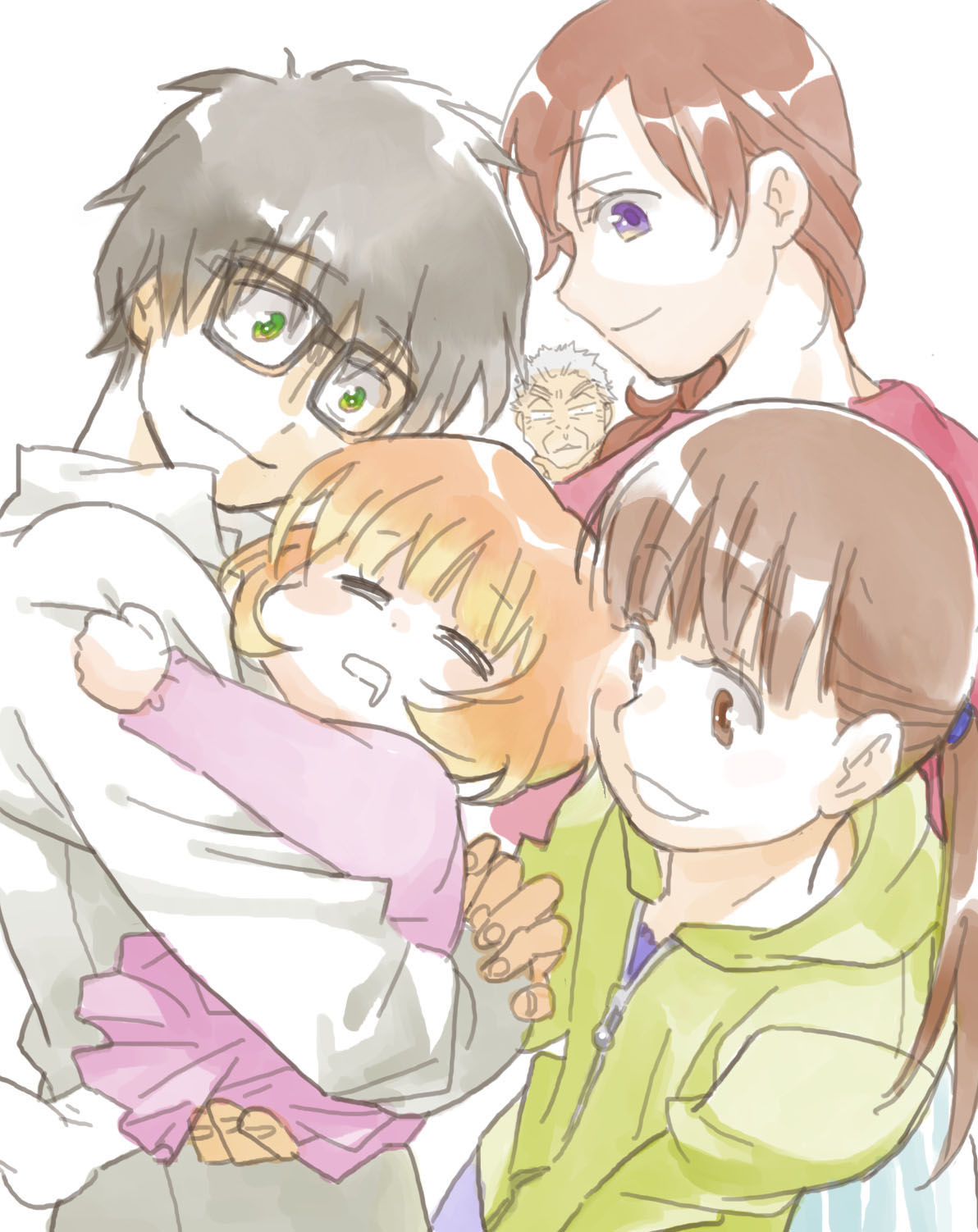 2boys 3girls :d black-framed_eyewear black_eyes black_hair blackfoxes blunt_bangs blush blush_stickers brown_eyes brown_hair carrying child clenched_hand close-up closed_eyes clothes_grab collared_shirt dot_nose dress dress_shirt drooling eyelashes eyes_visible_through_hair furrowed_brow glasses grandfather_and_granddaughter green_eyes green_hoodie grey_hair hand_on_own_chin happy highres hood hood_down hoodie kawamoto_akari kawamoto_hinata kawamoto_momo kawamoto_someji kiriyama_rei leaning light_brown_hair long_eyelashes long_sleeves looking_at_another looking_down mouth_drool multiple_boys multiple_girls old old_man open_mouth orange_hair parted_lips pink_dress profile purple_eyes sangatsu_no_lion shirt shirt_grab siblings side_ponytail simple_background sisters sleeping smile standing thick_eyebrows twintails upper_body white_background white_legwear white_shirt wrinkled_skin