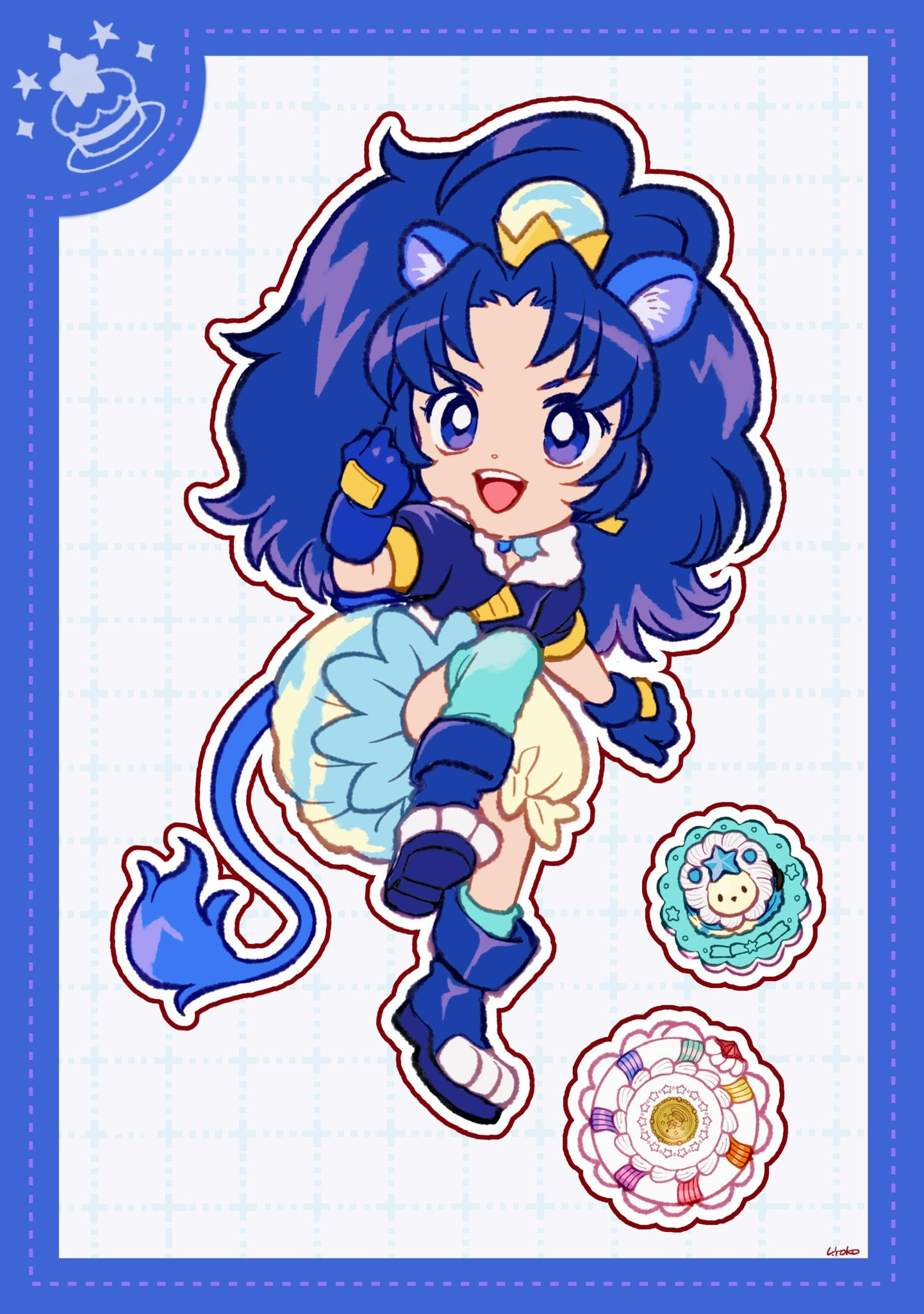 1girl animal_ear_fluff animal_ears animal_shoes ankle_socks aqua_socks asymmetrical_legwear big_hair blue_boots blue_border blue_choker blue_eyes blue_gloves blue_hair blue_jacket blue_skirt boots border bright_pupils bubble_skirt choker clenched_hands compact_(cosmetics) cosmetics crown crown_earrings cure_gelato dot_nose dotted_line earrings eyelashes food food-themed_clothes food-themed_hair_ornament food_print frilled_skirt frills full_body fur-trimmed_jacket fur_trim gloves gold_crown grey_background grid_background hair_ornament happy highres ice_cream ice_cream_cone jacket jewelry kirakira_precure_a_la_mode leg_up lion_ears lion_girl lion_tail long_hair magical_girl mini_crown miniskirt open_mouth outline over-kneehighs parted_bangs precure puffy_short_sleeves puffy_sleeves short_sleeves signature single_over-kneehigh single_sock single_thighhigh skirt smile socks solo tail tareme tategami_aoi teeth thighhighs two-tone_skirt upper_teeth_only uwded_207 v-shaped_eyebrows white_outline white_pupils white_skirt