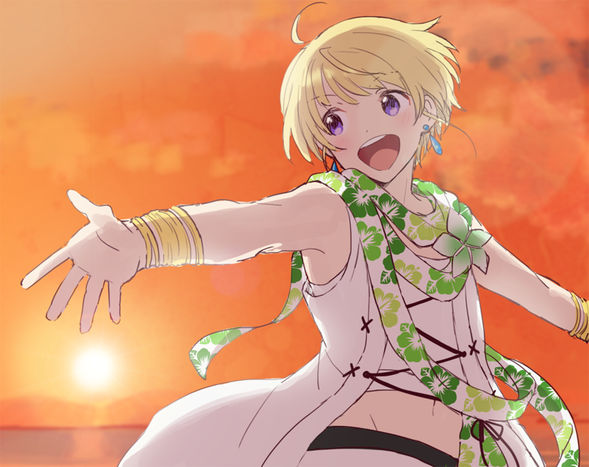 1boy blonde_hair earrings facing_viewer green_scarf harukawa_(aonori1022) idolmaster idolmaster_side-m jewelry looking_to_the_side male_focus multicolored_scarf open_mouth pierre_bichelberger purple_eyes scarf shirt short_hair sleeveless smile solo vest white_scarf white_shirt white_vest