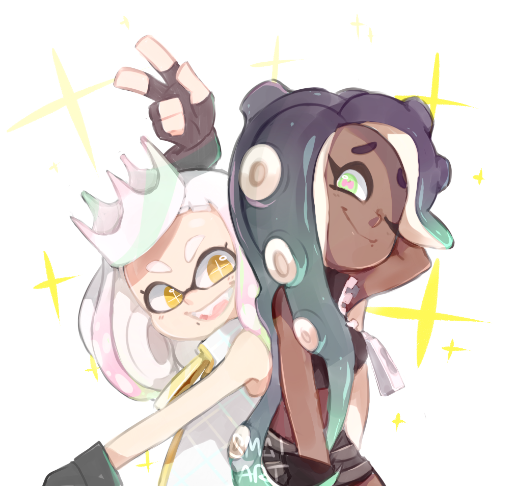 2girls black_gloves black_hair crown dark-skinned_female dark_skin fangs fingerless_gloves gloves green_eyes inkling long_hair marina_(off_the_hook_outfit)_(splatoon) marina_(splatoon) multiple_girls nintendo octoling pearl_(off_the_hook_outfit)_(splatoon) pearl_(splatoon) sami_briggs short_hair simple_background sparkle splatoon_(series) splatoon_2 tentacle_hair v white_background white_hair yellow_eyes zipper_pull_tab