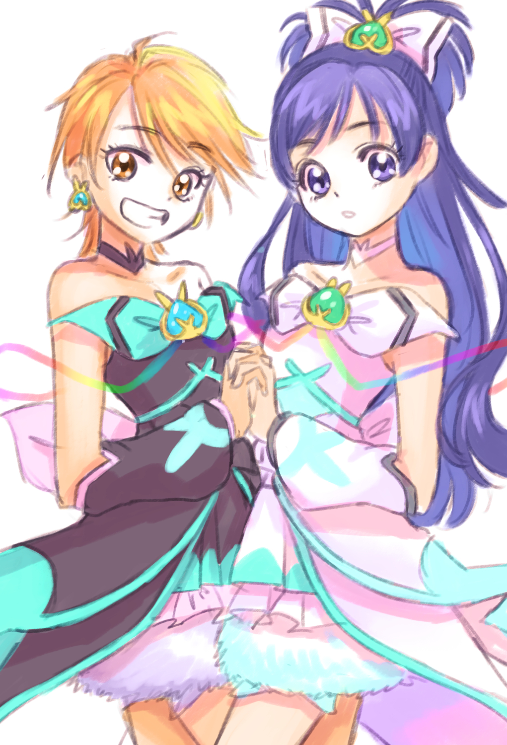 :o black_choker black_dress black_sleeves blue_eyes blue_hair bow brooch brown_hair choker commentary cosplay cure_black cure_puca cure_puca_(cosplay) cure_supreme cure_supreme_(cosplay) cure_white detached_sleeves dress earrings futari_wa_precure grin hair_bow half_updo highres holding_hands jewelry jj_(ssspulse) long_sleeves magical_girl misumi_nagisa parted_lips precure precure_all_stars precure_all_stars_f short_hair shorts_under_dress simple_background smile strapless strapless_dress white_background white_bow white_choker white_dress white_sleeves yukishiro_honoka