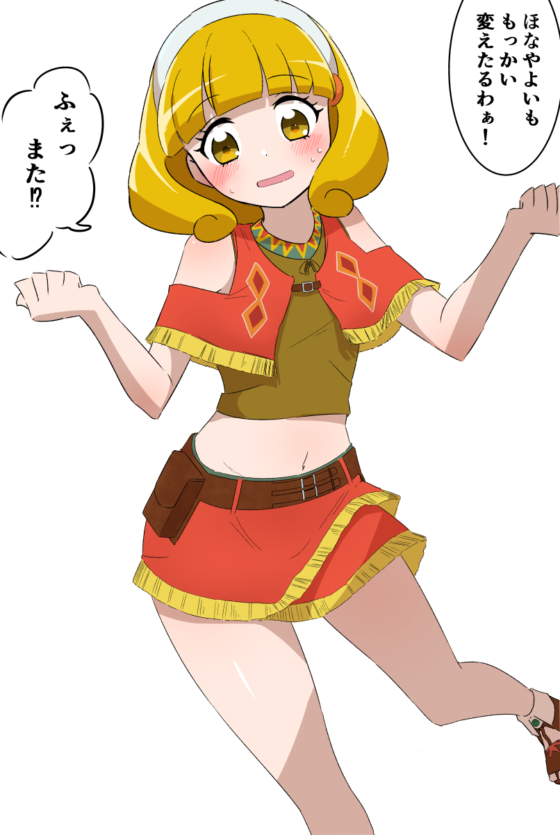 1girl amy_(suisei_no_gargantia) amy_(suisei_no_gargantia)_(cosplay) ankou_kyoudai belt blonde_hair blunt_bangs blush brown_belt brown_shirt capelet clothing_cutout cosplay groin hairband highres kanemoto_hisako kise_yayoi layered_skirt long_hair midriff miniskirt navel open_mouth precure red_capelet red_skirt shirt shoulder_cutout simple_background sketch skirt sleeveless sleeveless_shirt smile_precure! solo speech_bubble standing stomach suisei_no_gargantia sweatdrop voice_actor_connection white_background white_hairband yellow_eyes