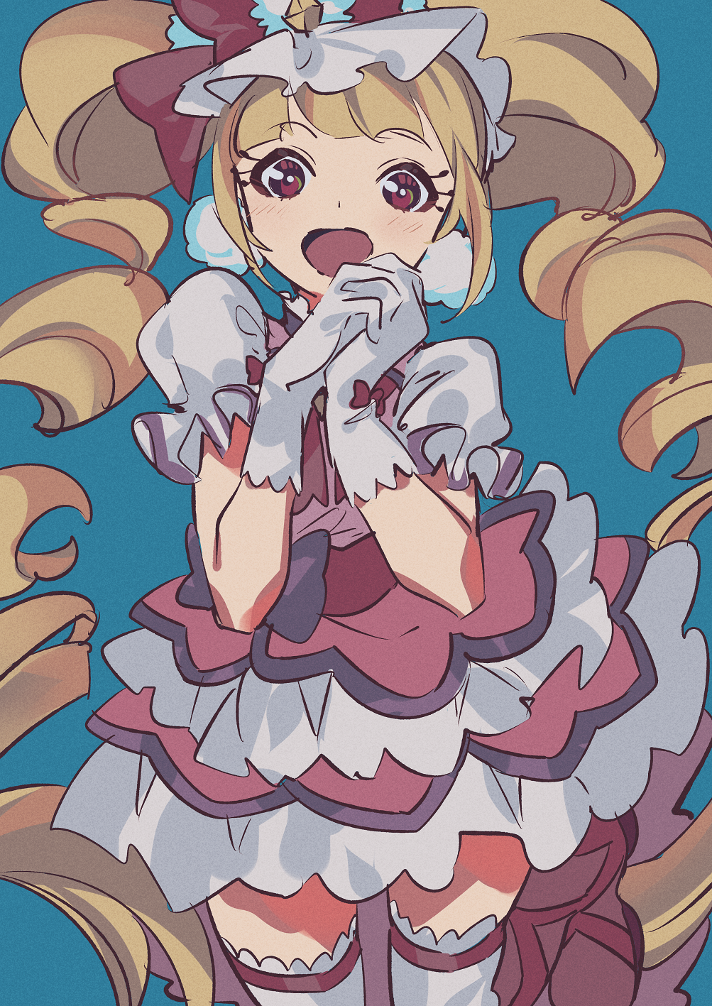 1girl aisaki_emiru blonde_hair blue_background blue_hat bow bowtie cowboy_shot cure_macherie diamond_(gemstone) dress drill_hair earrings frilled_dress frilled_headwear frilled_sleeves frills fur_hat gloves hat hat_bow highres hugtto!_precure interlocked_fingers jewelry lace lace-trimmed_thighhighs lace_trim large_earrings light_blush long_hair magical_girl makeup mascara mini_hat open_mouth own_hands_together pink_dress pom_pom_(clothes) pom_pom_earrings precure puffy_short_sleeves puffy_sleeves red_bow red_bowtie red_eyes shipu_(gassyumaron) short_dress short_sleeves simple_background smile solo standing tareme thighhighs train_(clothing) twin_drills twintails very_long_hair white_gloves white_sleeves white_thighhighs wrist_bow yellow_brooch