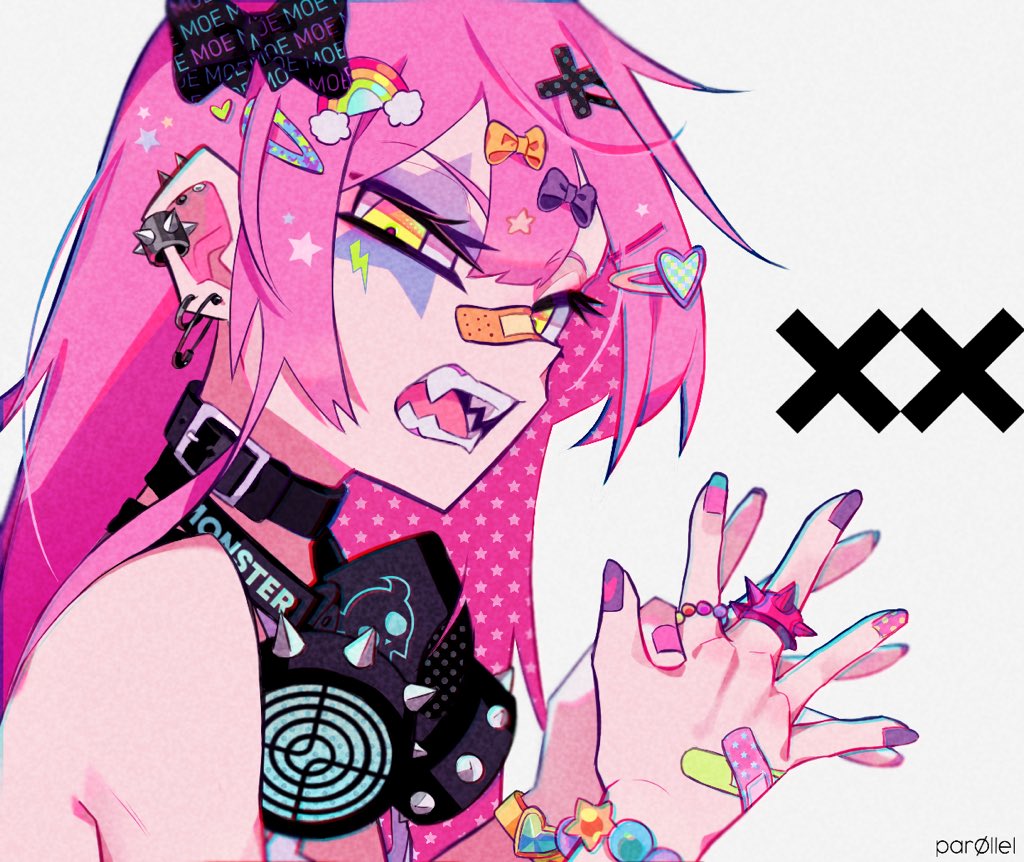 1girl artist_name bandaid bandaid_on_face bandaid_on_hand bandaid_on_nose bare_shoulders black_bow black_collar bow bracelet clothes_writing collar commentary crossed_bandaids double-parted_bangs ear_piercing earrings eye_tattoo facial_mark film_grain from_side grey_background hair_between_eyes hair_bow hair_ornament hairclip halftone hands_up heart heart_hair_ornament jewelry lightning_bolt_facial_mark long_hair looking_at_viewer mask multicolored_nails nail_polish open_mouth orange_bow original own_hands_together par0llel piercing pink_hair pink_nails portrait purple_bow purple_nails rainbow_hair_ornament respirator ring sharp_teeth simple_background solo spiked_ear_piercing spiked_ring star_(symbol) star_print star_tattoo tattoo teeth tongue uneven_eyes yellow_eyes