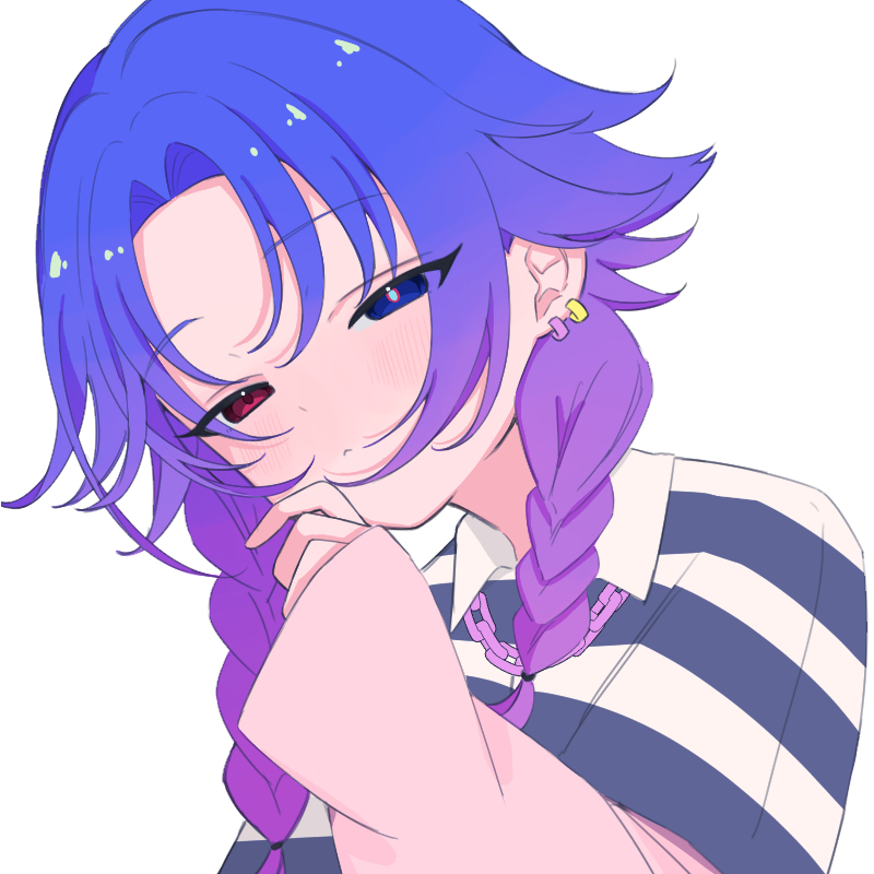 18trip 1boy :&lt; baby_bav blue_eyes blue_hair blue_shirt blush braid closed_mouth earrings grey_background heterochromia jewelry male_focus multicolored_hair multicolored_shirt multiple_earrings pink_shirt purple_hair red_eyes shirt simple_background solo striped_clothes striped_shirt trap twin_braids white_shirt yowa_netaro