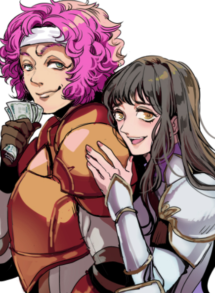 armor astrid_(fire_emblem) banknote black_hair blue_eyes couple fire_emblem fire_emblem:_path_of_radiance hetero holding holding_money hug hug_from_behind looking_at_viewer makalov_(fire_emblem) money nintendo open_mouth pink_hair smile tsuko_(25mnts) yellow_eyes