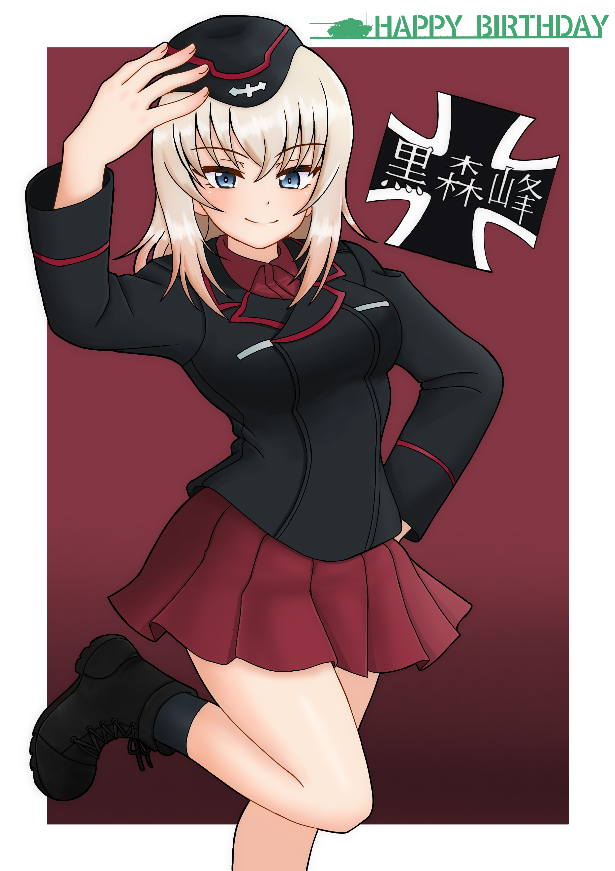 1girl absurdres amanone_yun ankle_boots birthday black_boots black_hat black_jacket black_socks blue_eyes boots closed_mouth dress_shirt emblem english_text garrison_cap girls_und_panzer grey_hair hand_on_own_hat hand_on_own_hip happy_birthday hat highres insignia itsumi_erika jacket kneehighs kuromorimine_(emblem) kuromorimine_military_uniform leg_up long_sleeves looking_at_viewer medium_hair military_hat military_uniform miniskirt pleated_skirt red_background red_shirt red_skirt shirt skirt smile socks solo standing standing_on_one_leg wing_collar