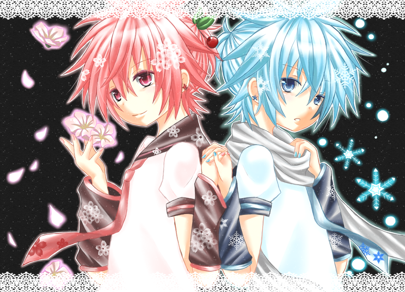 2boys arm_warmers back-to-back blue_eyes blue_hair cherry cherry_blossoms earrings flower food fruit hakiri_tooru_(len0530) holding_hands jewelry kagamine_len light_smile male_focus multiple_boys necktie ponytail red_eyes red_hair sailor_collar sakura_len sakura_petals scarf shirt short_sleeves smile snowflakes t-shirt vocaloid yuki_len