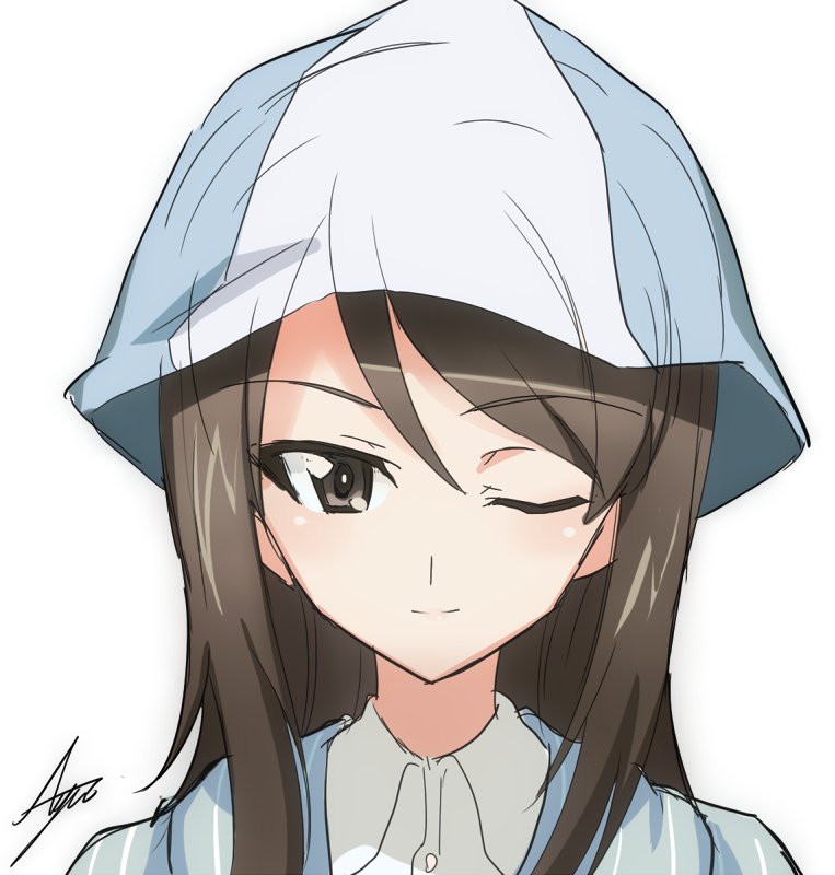 1girl ashiwara_yuu blue_hat brown_eyes brown_hair closed_mouth girls_und_panzer hat jacket keizoku_school_uniform long_hair looking_at_viewer mika_(girls_und_panzer) official_style one_eye_closed school_uniform shirt signature smile solo striped_clothes striped_shirt tulip_hat vertical-striped_clothes vertical-striped_shirt white_shirt