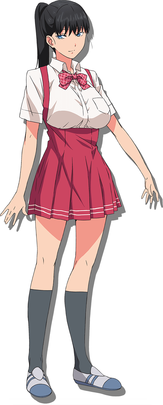 1girl black_hair blue_eyes breasts hair_between_eyes highres indoors koseki_masaru long_hair looking_at_viewer official_art parted_lips ponytail school_uniform shirt shuumatsu_no_harem skirt solo standing toudou_akira_(shuumatsu_no_harem) white_shirt