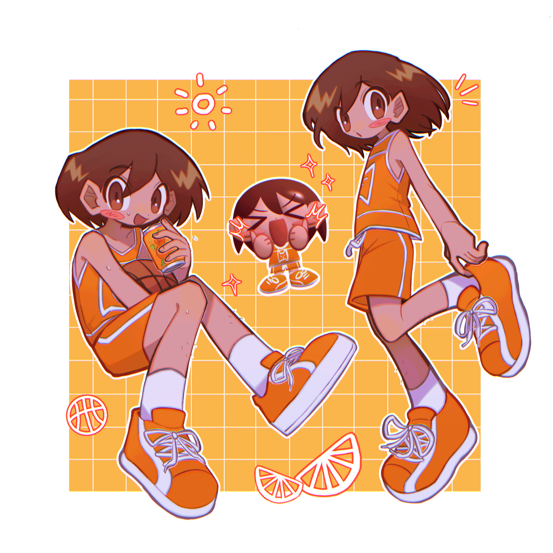 >_< 1boy ball basketball_(object) blush_stickers border brown_eyes brown_hair can chibi commentary double_thumbs_up drink_can fingernails food fruit full_body hair_between_eyes highres holding holding_ball holding_can kel_(faraway)_(omori) kel_(omori) male_focus omori open_mouth orange_(fruit) orange_shoes orange_shorts orange_slice orange_tank_top shoes short_hair shorts sneakers socks soda_can tan tank_top thumbs_up white_border white_socks yappari