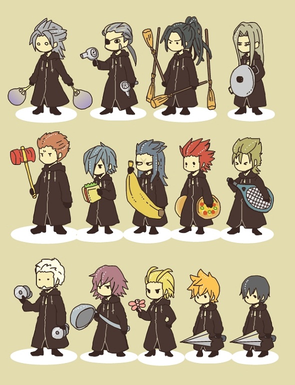 &gt;_&lt; 2girls 6+boys alternate_weapon antenna_hair axel banana black_coat black_coat_(kingdom_hearts) black_hair blonde_hair blue_hair broom brown_hair bug cd chibi closed_eyes closed_umbrella coat commentary_request demyx dragonfly dreadlocks dual_wielding everyone eyepatch facial_hair facial_mark food fruit gloves grey_hair hair_dryer hair_over_one_eye hand_fan holding insect kingdom_hearts kingdom_hearts_358/2_days ladle larxene lexaeus long_hair luxord marluxia multiple_boys multiple_girls o_o organization_xiii paper_fan pigeon-toed pink_hair pizza ponytail racket red_hair roxas saix sandwich saucepan_lid scar simple_background spiked_hair toy_hammer standing t_t tennis_racket uchiwa umbrella vexen weapon xaldin xemnas xigbar xion xion_(kingdom_hearts) zexion |_|