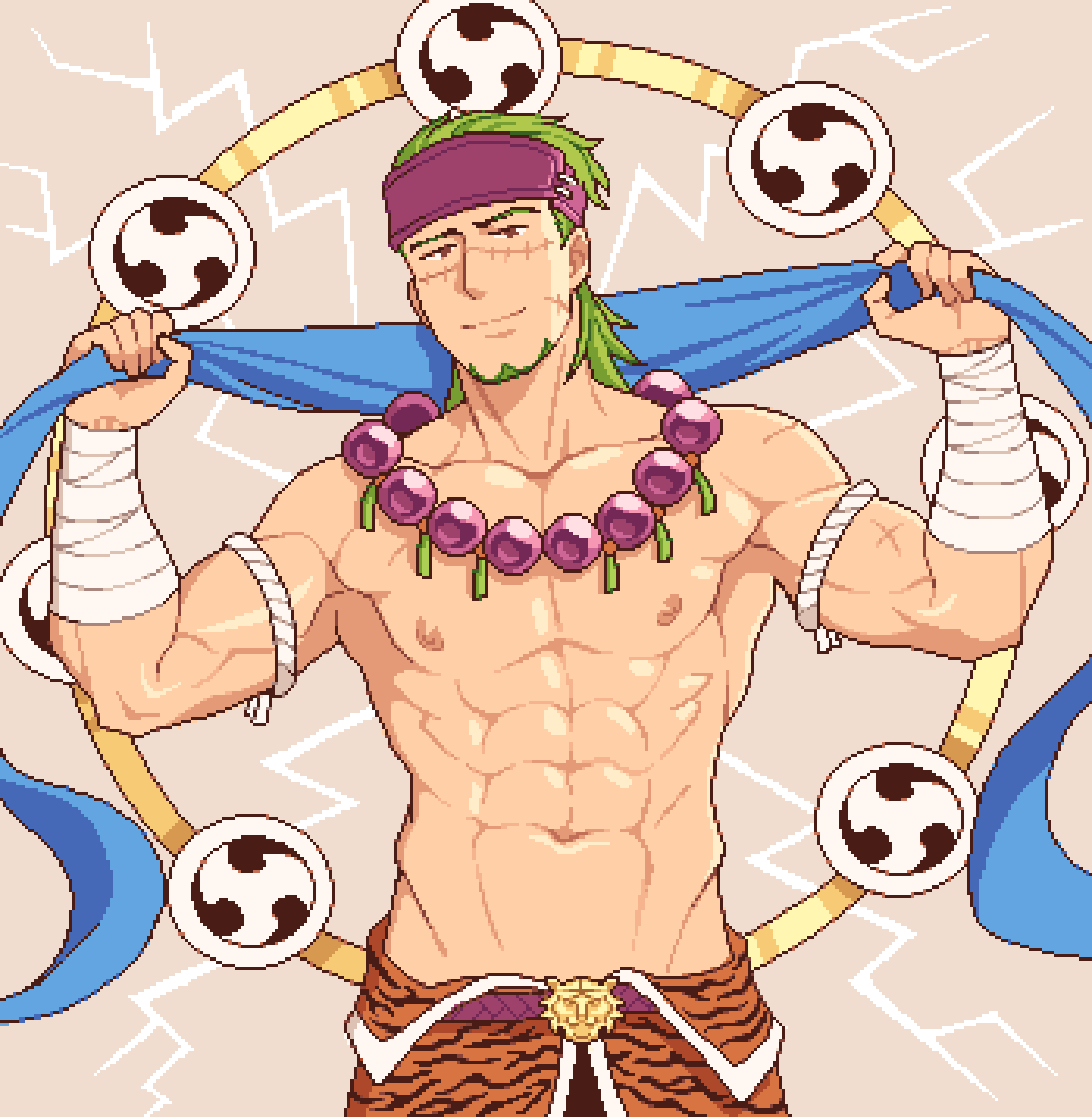 1boy abs absurdres alternate_costume animal_print bandaged_wrist bandages bara bead_necklace beads belt catnipsmoker_(hakino) collarbone cosplay facial_hair facial_scar fire_emblem fire_emblem:_the_sacred_stones gerik_(fire_emblem) goatee green_hair head_tilt headband highres jewelry lightning looking_at_viewer male_focus medium_hair mitsudomoe_(shape) muscular muscular_male necklace nintendo nipples pectorals pixel_art raijin_(mythology) scar scar_on_cheek scar_on_face smile solo tiger_print tomoe_(symbol)