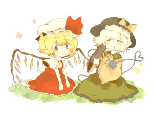2girls bad_id bad_pixiv_id blonde_hair blouse cat dress closed_eyes female_focus flandre_scarlet gazekura hat hat_ribbon heart heart_of_string komeiji_koishi media_(pani_poni) minako_(gazekura) multiple_girls neckerchief ribbon ribbon_hat shirt short_hair side_ponytail sitting skirt smile sun_hat third_eye touhou traditional traditional_media wariza white_hair wings