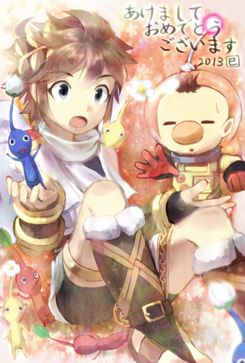 2boys :o azumi_(tks-sd) big_nose brown_sandals bud closed_eyes creature crossover dated fingerless_gloves gloves gold_thighlet helmet highres holding holding_creature jewelry kid_icarus kid_icarus_uprising laurel_crown male_focus multiple_boys new_year nintendo no_mouth olimar pikmin_(creature) pikmin_(series) pit_(kid_icarus) pointy_nose radio_antenna sandals scarf sitting space_helmet spacesuit super_smash_bros. surprised thighlet white_scarf