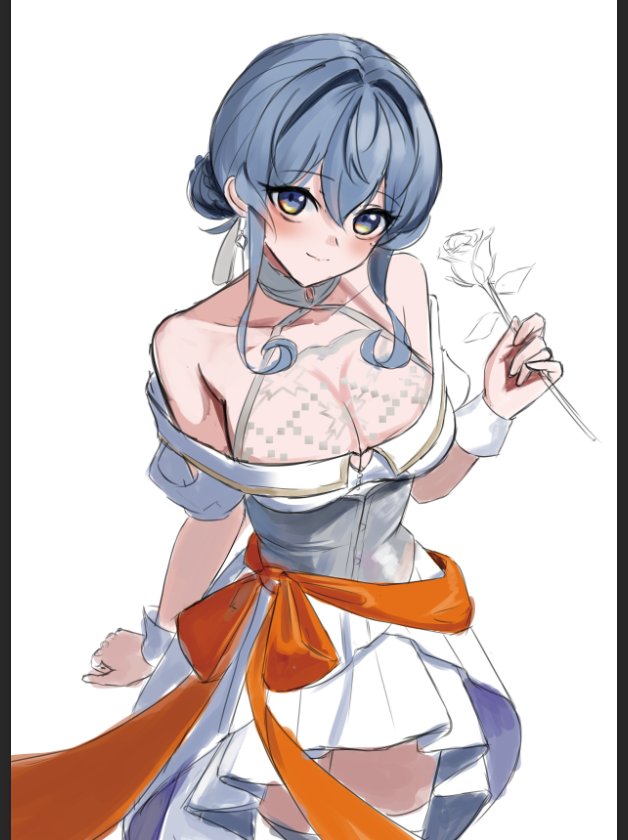 1girl blue_eyes blue_hair breasts cleavage dimos_(dawn_1945) dress flower gotland_(anniversary)_(kancolle) gotland_(kancolle) hair_between_eyes hair_bun holding holding_flower kantai_collection large_breasts mole mole_under_eye official_alternate_costume orange_ribbon orange_sash ribbon rose single_hair_bun solo unfinished white_dress white_flower white_rose