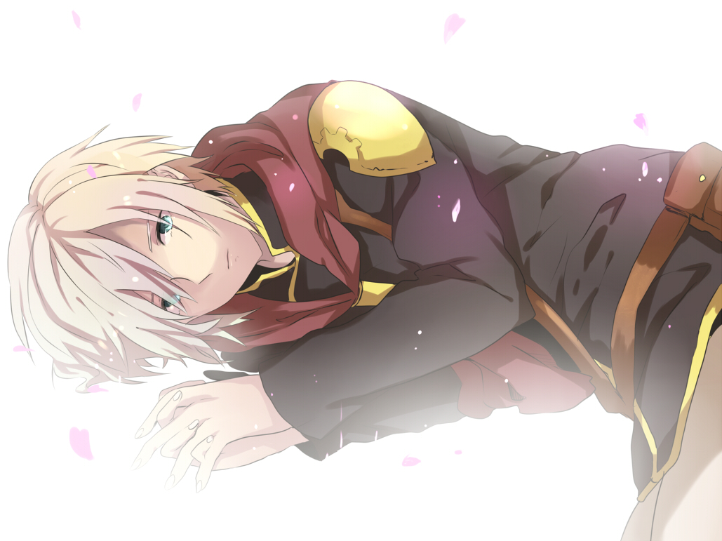 1boy ace_(fft-0) akademeia_uniform armor bad_id bad_pixiv_id blonde_hair blue_eyes cape card eye_contact facing_viewer final_fantasy final_fantasy_type-0 hair_over_one_eye holding jacket looking_at_another looking_at_viewer male_focus medium_hair own_hands_together pauldrons scarf school_uniform short_hair shoulder_armor solo weapon white_background