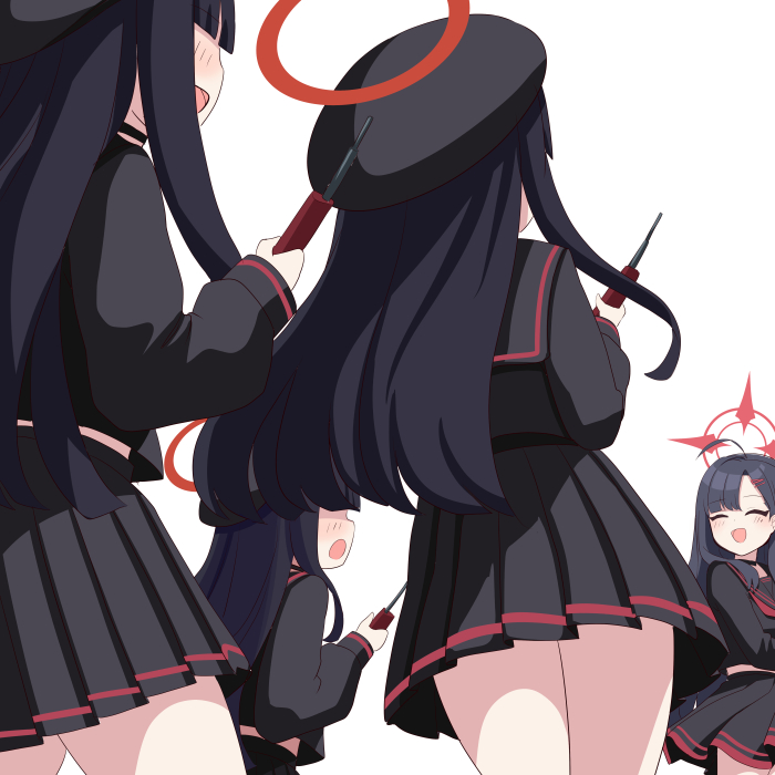 4girls :d ^_^ assault_rifle black_choker black_hair black_serafuku black_skirt blue_archive blunt_bangs bullpup choker clone closed_eyes commentary_request faceless faceless_female gun hair_ornament hairclip halo hat holding holding_gun holding_weapon ichika_(blue_archive) justice_task_force_member_(blue_archive) l85 long_hair long_sleeves looking_at_another multiple_girls o_(rakkasei) open_mouth parted_bangs pleated_skirt rifle school_hat school_uniform serafuku sidelocks simple_background skirt smile weapon