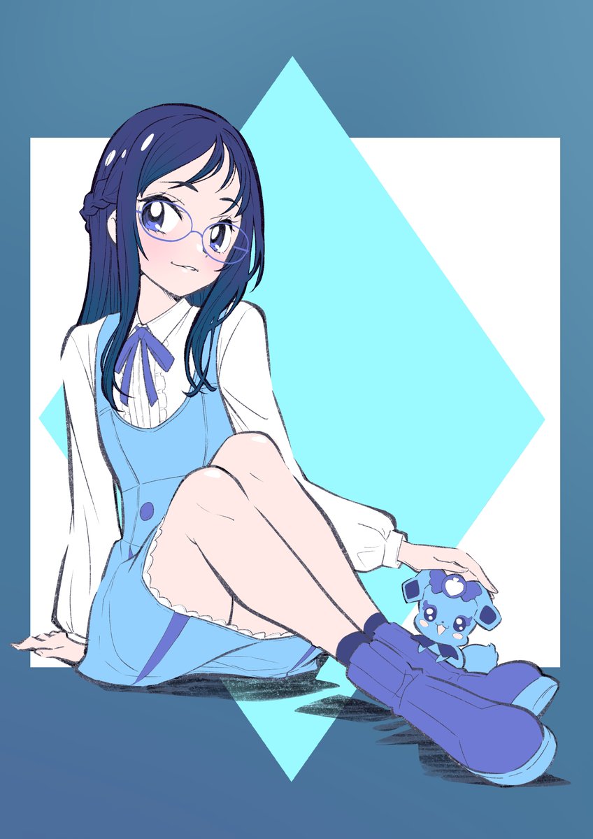 1girl blue_eyes blue_hair boots braid dokidoki!_precure dress glasses half_up_braid highres hishikawa_rikka itaoka1 long_hair precure rakeru_(dokidoki!_precure) sitting smile solo swept_bangs