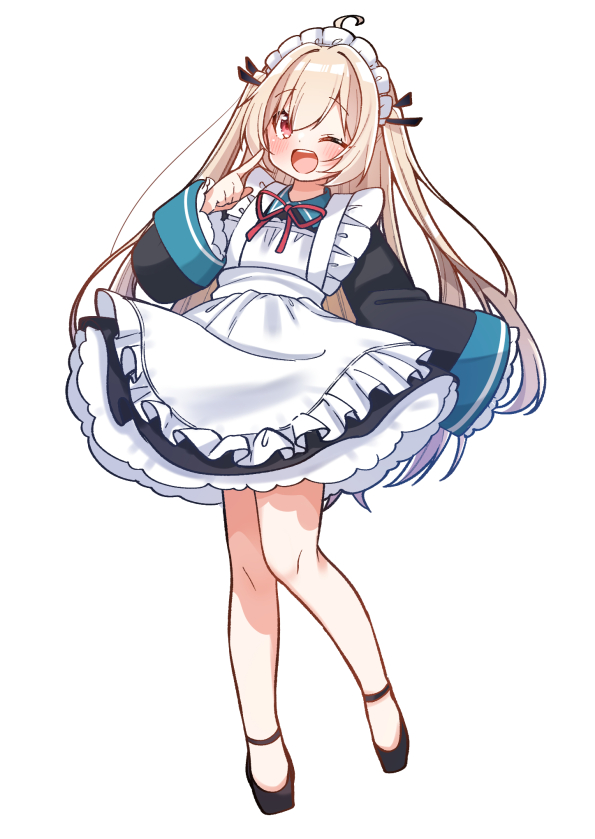 1girl ;d alternate_costume apron atri atri-my_dear_moments- black_dress black_ribbon black_shoes blush brown_hair collared_dress dress enmaided frilled_apron frills full_body hair_between_eyes hair_ribbon jako_(jakoo21) long_hair long_sleeves looking_at_viewer maid maid_apron maid_headdress neck_ribbon one_eye_closed open_mouth red_eyes red_ribbon ribbon shoes simple_background sleeves_past_fingers sleeves_past_wrists smile solo standing standing_on_one_leg two_side_up very_long_hair white_apron white_background wide_sleeves