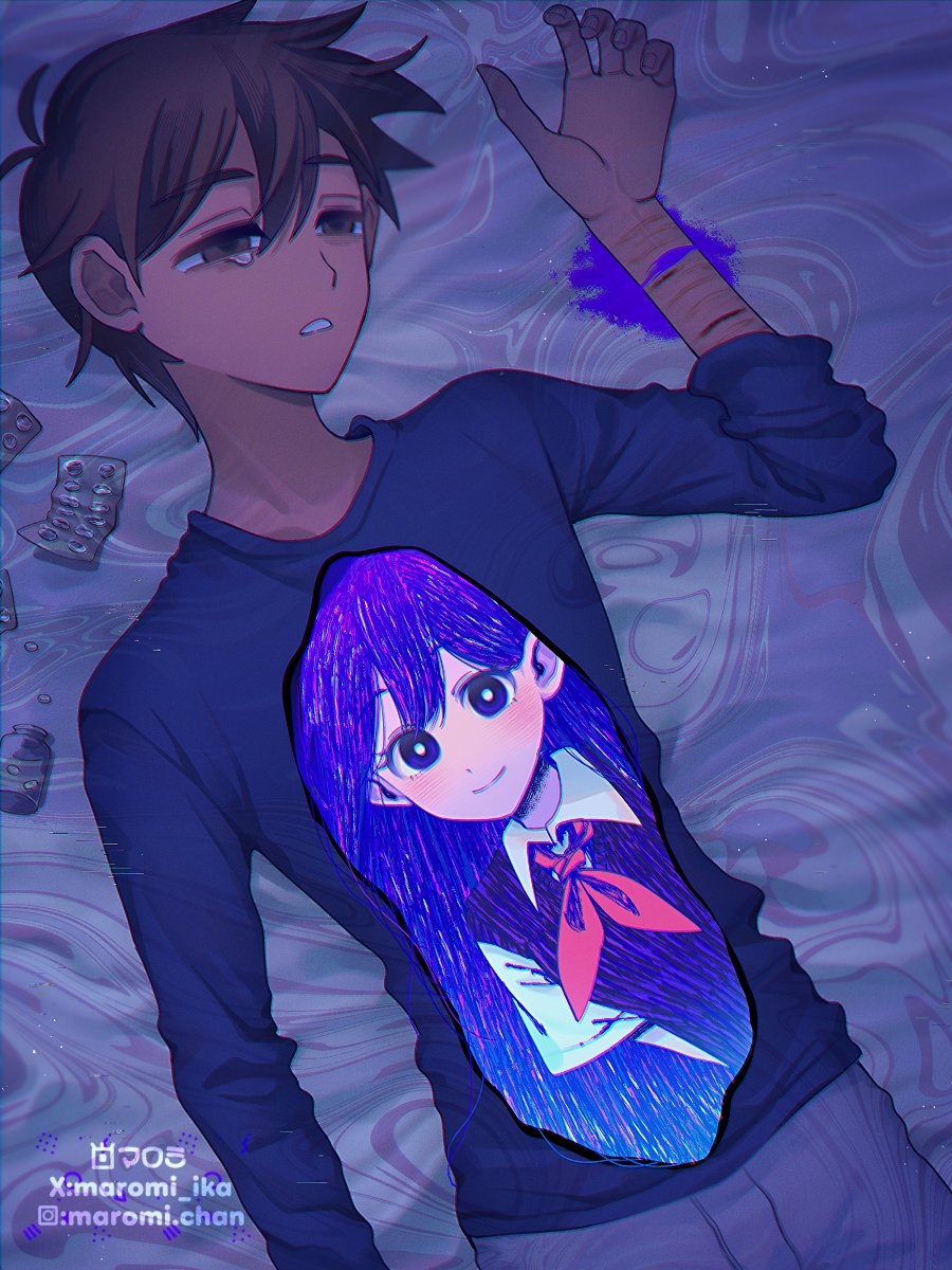 1boy 1girl abstract_background antenna_hair arm_at_side arms_behind_back bags_under_eyes bed_sheet black_sweater_vest blood blue_eyes blue_shirt blush brown_hair chromatic_aberration closed_mouth collared_shirt commentary cowboy_shot dark-skinned_male dark_skin double-parted_bangs empty_eyes english_commentary fingernails hair_behind_ear hair_between_eyes hand_up hatching_(texture) hero_(faraway)_(omori) hero_(omori) highres injury instagram_username long_hair long_sleeves looking_at_viewer lying male_focus mari_(headspace)_(omori) mari_(omori) maromichan neckerchief omori on_back on_bed pill purple_blood purple_hair red_neckerchief self-harm shirt short_hair short_sleeves skinny sleeve_rolled_up smile solo_focus sweater_vest tearing_up twitter_username very_short_hair watermark white_shirt wrist_cutting