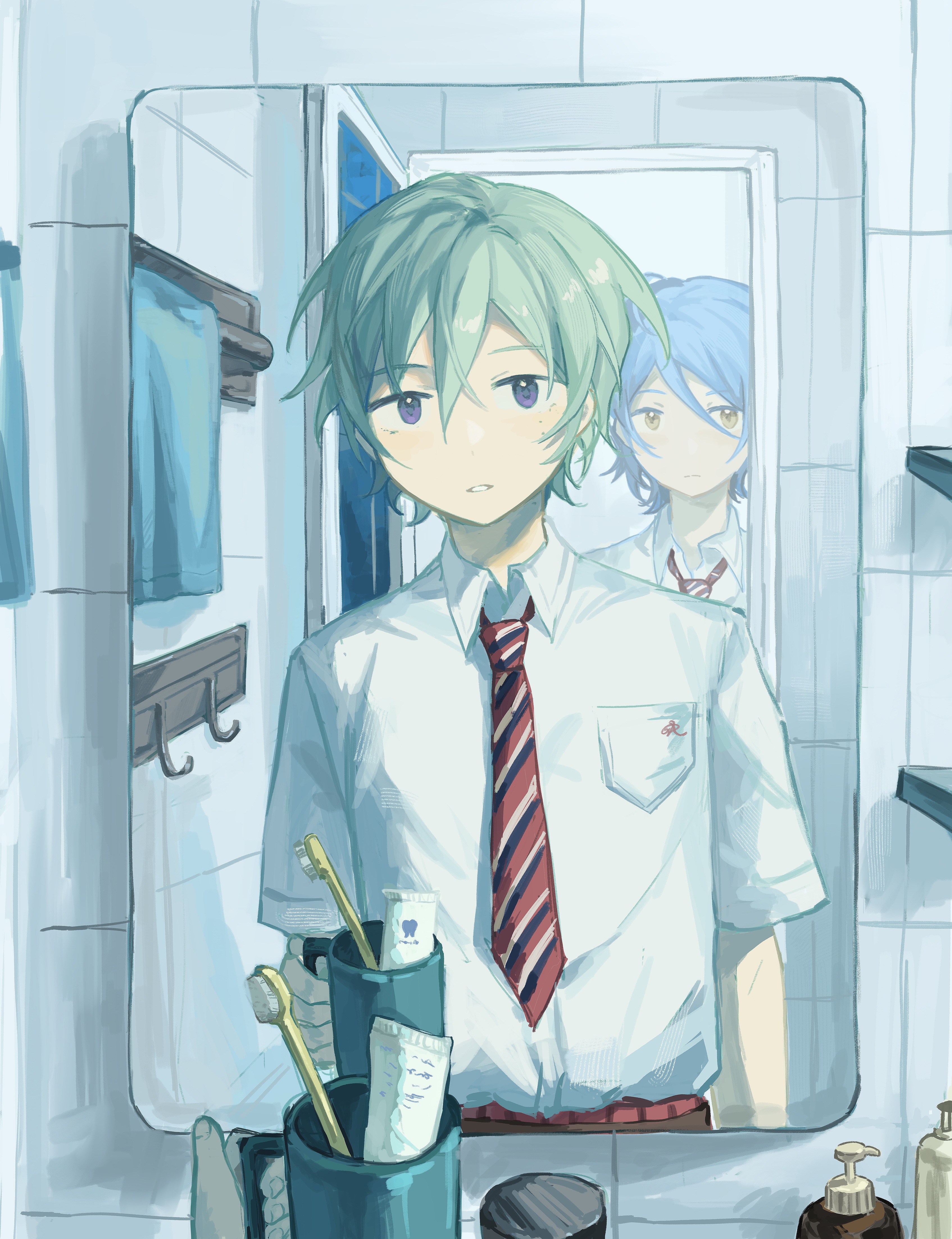 2boys absurdres bathroom behind_another bishounen blue_hair breast_pocket closed_mouth collared_shirt cup diagonal-striped_clothes diagonal-striped_necktie dongfang_shuyechu ensemble_stars! green_hair highres holding holding_cup kazehaya_tatsumi looking_at_viewer male_focus mirror multiple_boys necktie open_door parted_lips pocket pov pov_hands purple_eyes red_necktie reflection reflection_focus shirt short_hair short_sleeves soap_bottle striped_clothes tile_wall tiles tojo_kaname toothbrush toothpaste towel towel_rack upper_body white_shirt yellow_eyes