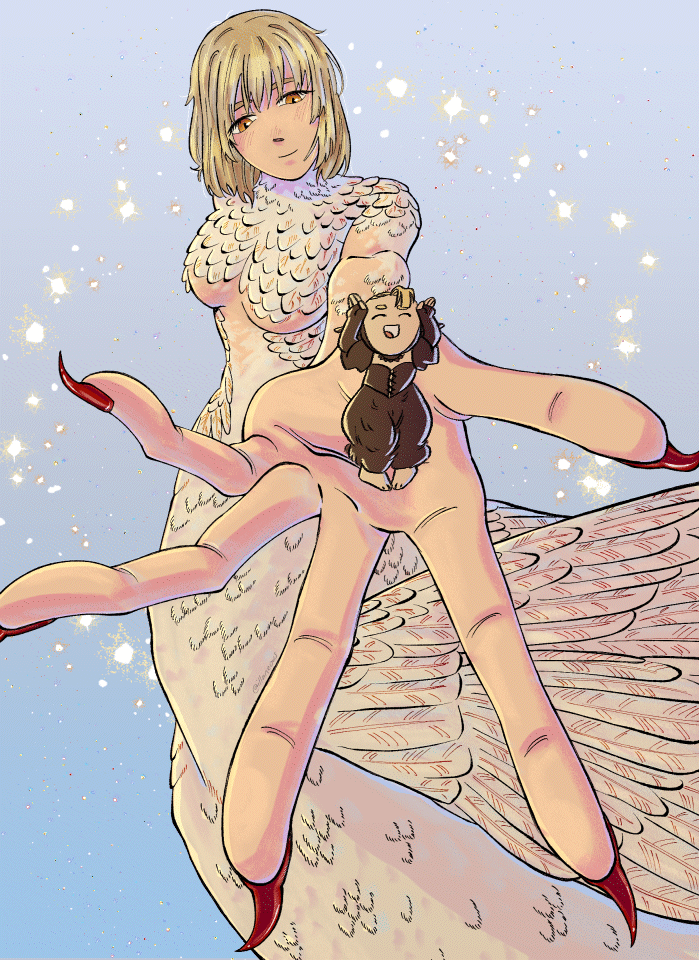 ^_^ animated animated_gif barefoot black_dress blonde_hair breasts caramelldansen chimera closed_eyes commentary dancing dress dungeon_meshi elf english_commentary falin_touden falin_touden_(chimera) feathered_wings feathers fingernails illaneo long_hair looking_at_another looping_animation marcille_donato marcille_donato_(lord) meme monster_girl open_mouth pointy_ears sharp_fingernails short_hair spoilers white_feathers wings