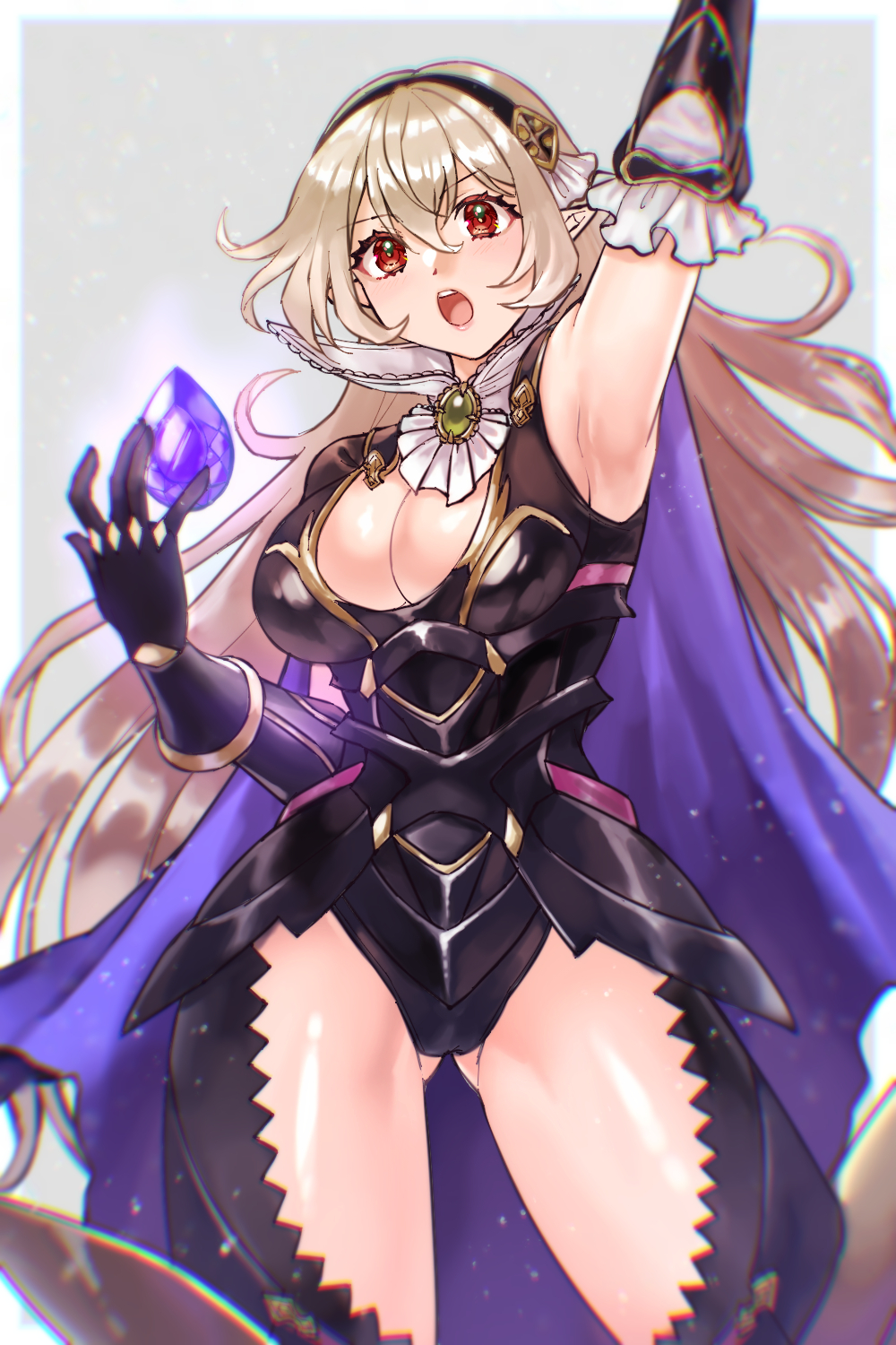 1girl armor black_hairband breasts cape cleavage female_corrin_(fire_emblem) female_corrin_(nohr_noble)_(fire_emblem) fire_emblem fire_emblem_fates fire_emblem_heroes gloves gluteal_fold grey_hair hair_between_eyes hairband hazuki_(nyorosuke) highres jewelry large_breasts leotard long_hair medium_breasts nintendo official_alternate_costume pointy_ears red_eyes simple_background solo thighhighs white_hair