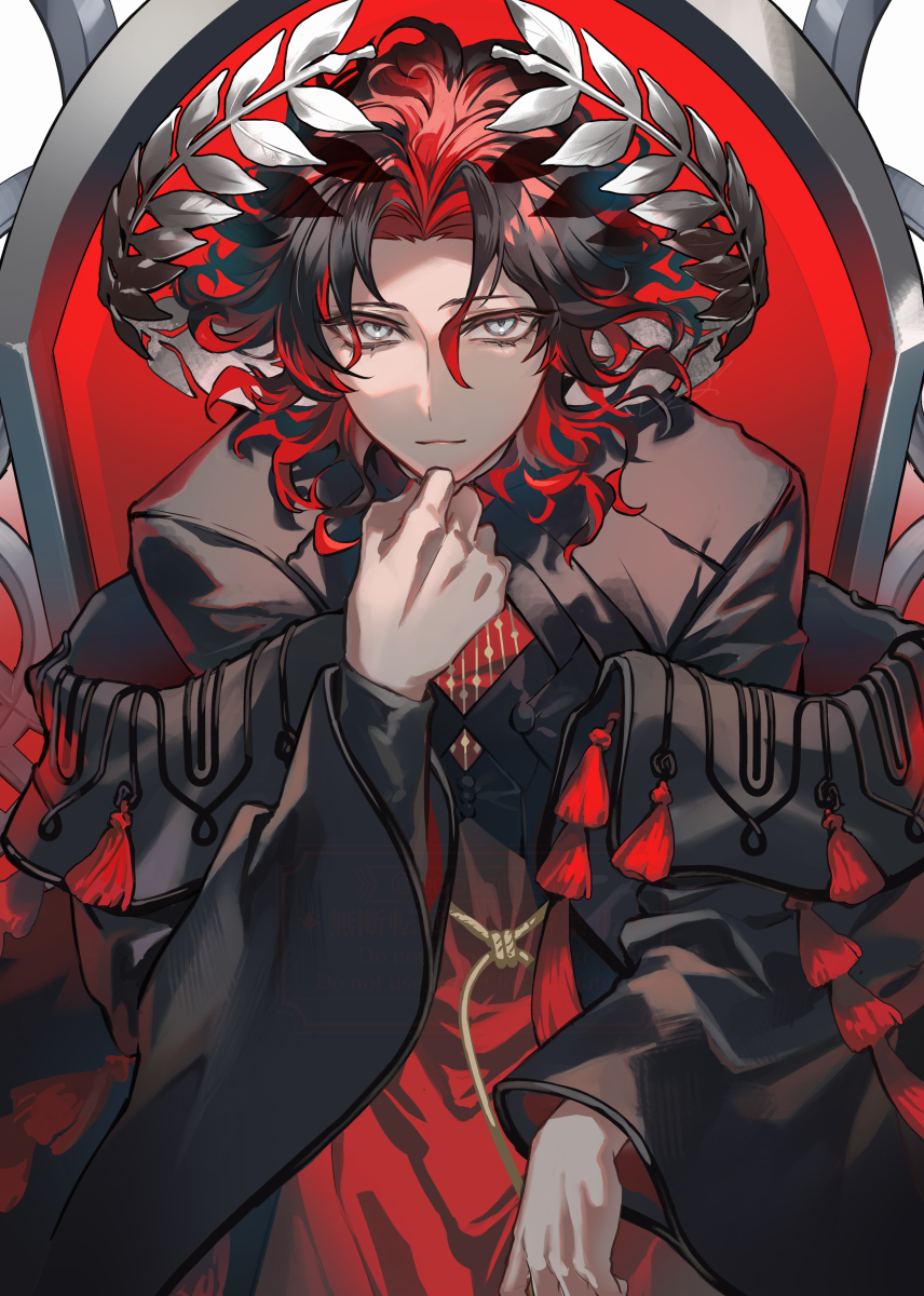 1boy chest_belt cloak curly_hair dante_alighieri_(fate) dante_alighieri_(third_ascension)_(fate) fate/grand_order fate_(series) floating_crown grey_eyes highres laurel_crown male_focus multicolored_hair poppoman rope_belt solo torn_cloak torn_clothes torn_coat two-tone_hair