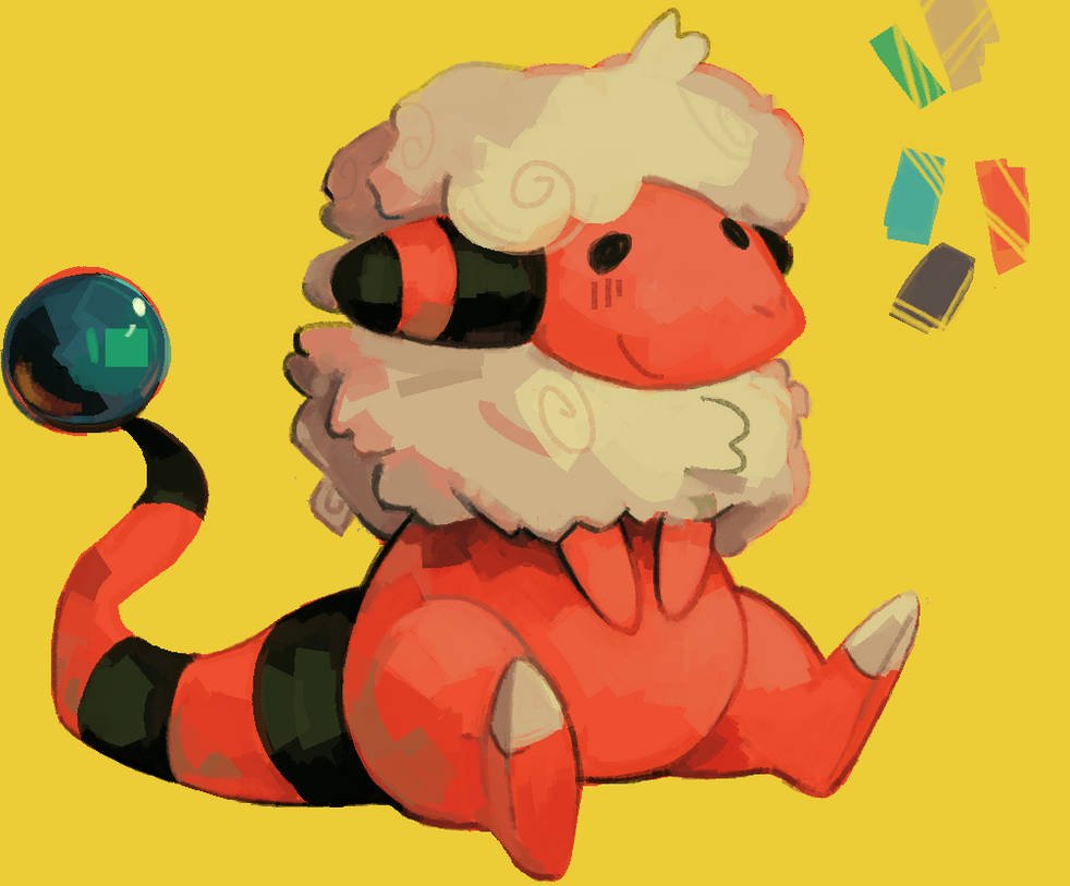 black_eyes blush clawed_feet closed_mouth color_guide colored_skin flaaffy full_body gen_2_pokemon ixurcafe looking_ahead neck_ruff nintendo no_humans orb pink_skin pokemon pokemon_(creature) sheep simple_background sitting smile wool yellow_background